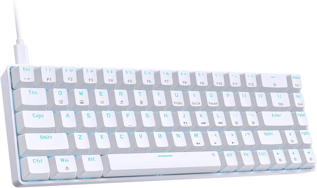 Compact white 60% mechanical keyboard with 68 keys and blue LED backlighting