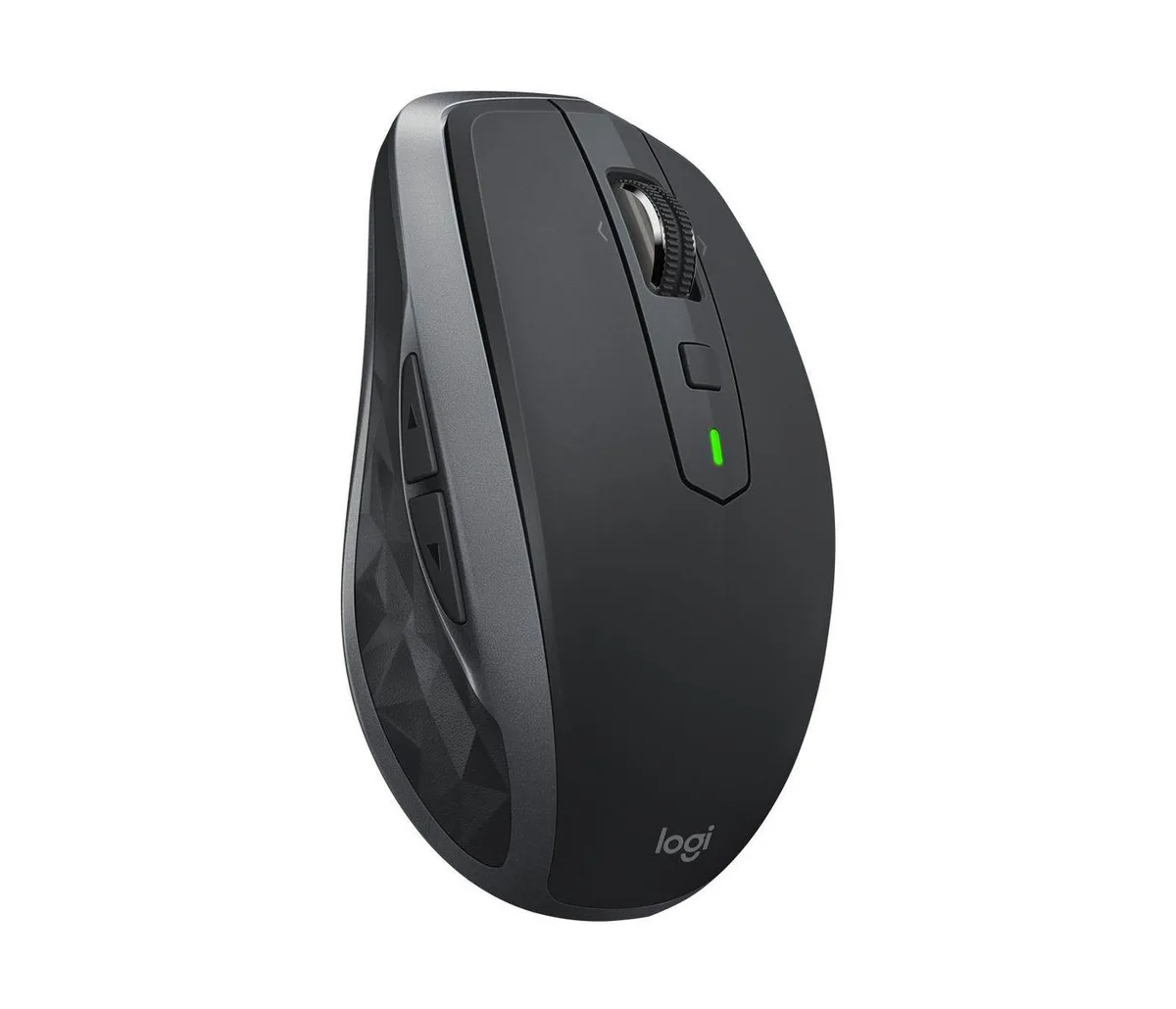 Graphite wireless mouse with seven buttons, USB receiver visible