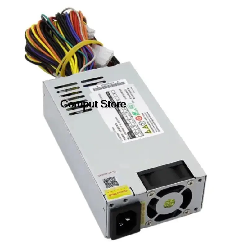 Silver rectangular 1U ATX power supply unit with ventilation grille and rear connector panel