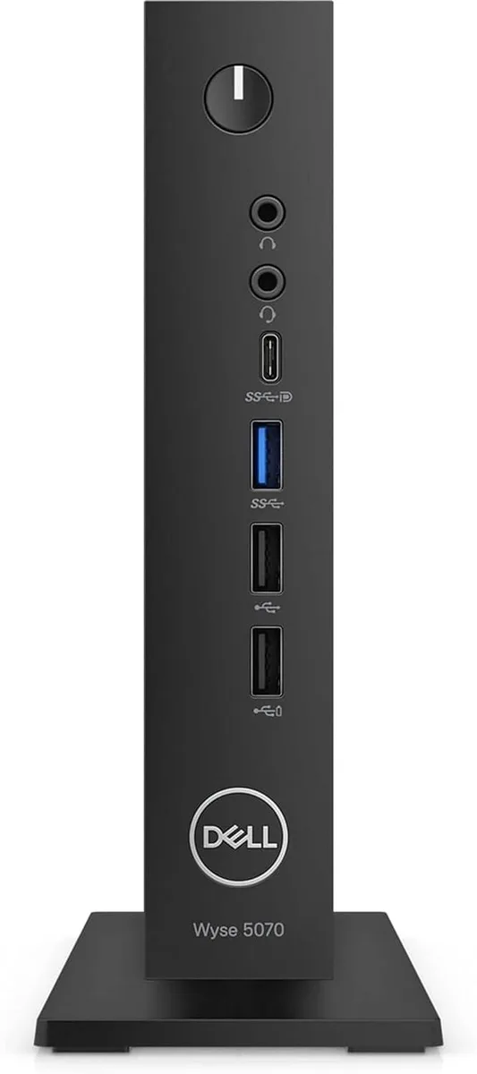 Small black rectangular desktop computer with rounded edges and compact ultra small form factor