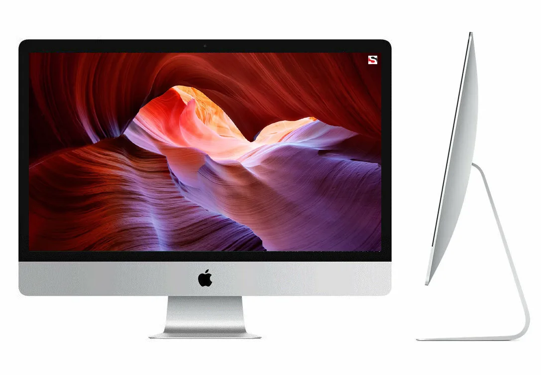Silver aluminium all-in-one desktop with 27 inch 5K Retina display and matching keyboard mouse