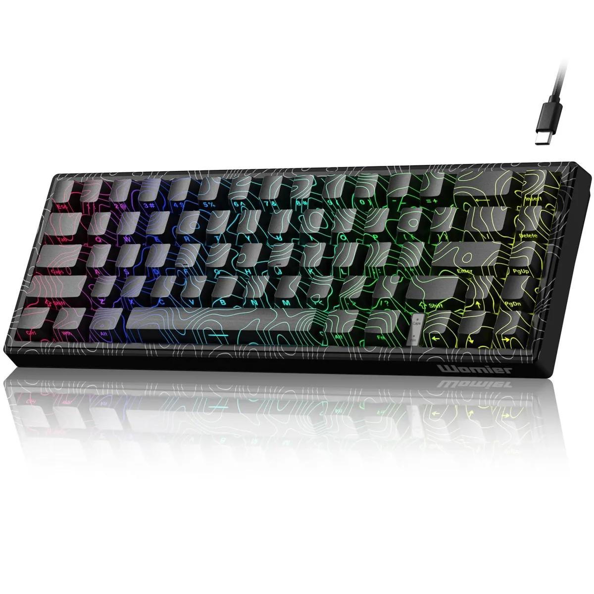 Compact black 65 percent keyboard with side-printed PBT keycaps and RGB backlighting