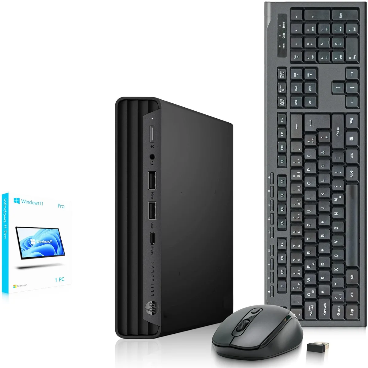Small black mini desktop PC with wireless keyboard and mouse