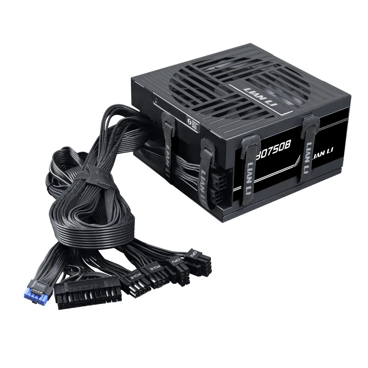 Black rectangular ATX power supply with 135mm fan and fixed cables