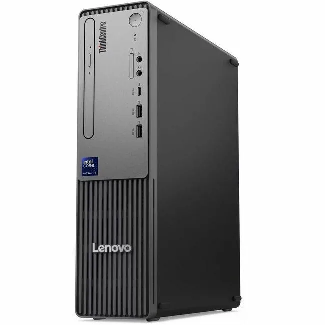 Slim black desktop tower, compact form factor, front USB-C port visible