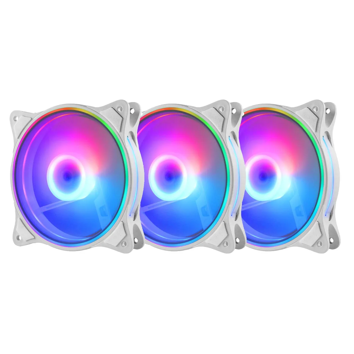 Three white 120mm square case fans with ARGB lighting loops and hydro bearings, shown together in a 3-pack arrangement