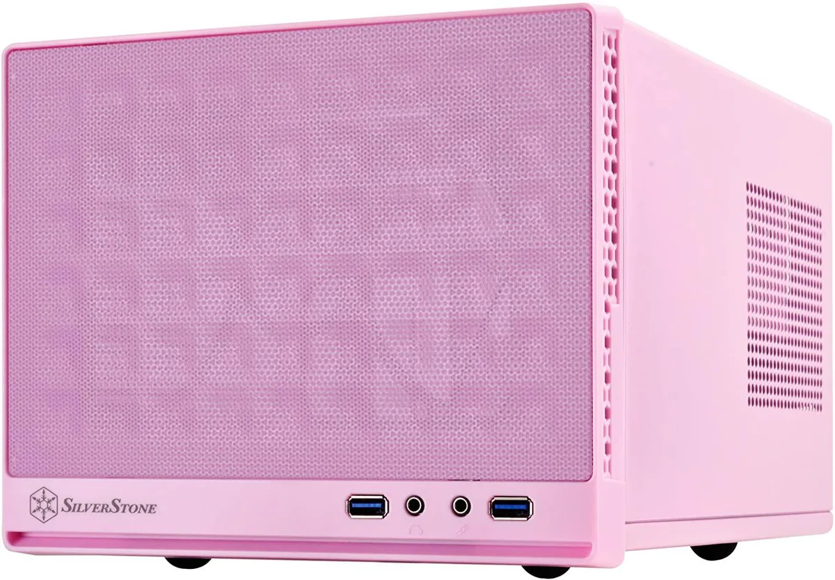 Pink compact Mini-ITX cube case with front panel ventilation