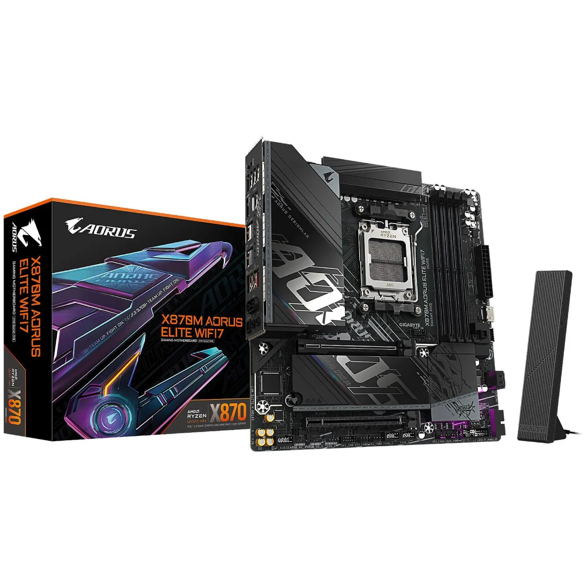 Micro-ATX motherboard with black PCB, silver heatsinks and rear I/O panel
