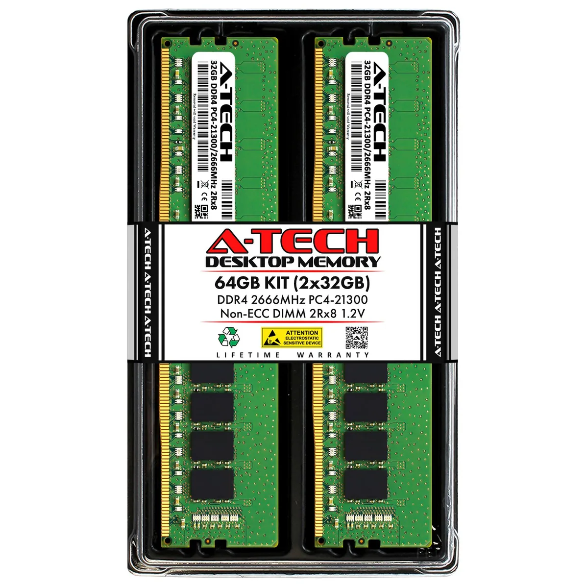 A-Tech A-Tech 64GB (2x32GB) DDR4 2666MHz CL19 1.2V 288-Pin Dual Rank Desktop RAM — product photo