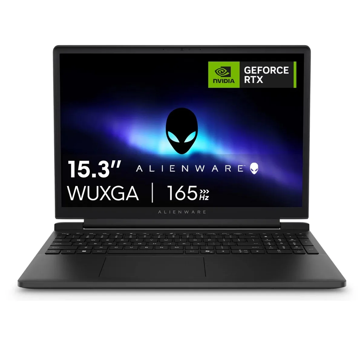 Black Alienware 15 gaming laptop, 15.3 inch WUXGA display, matte finish, backlit keyboard visible