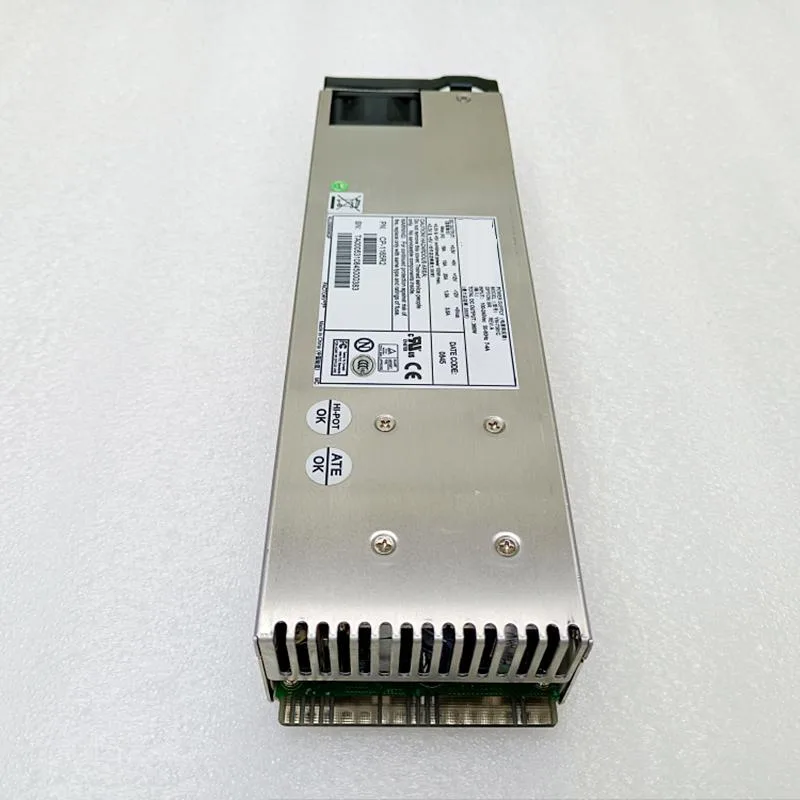 Silver rectangular server power supply module with front handle and ventilation grille