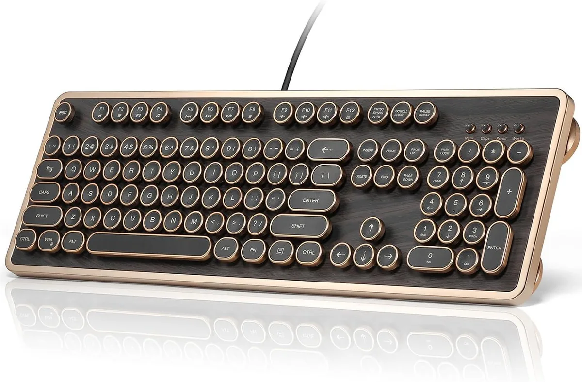 Full-size mechanical keyboard with round keycaps and wood grain finish, green linear switches