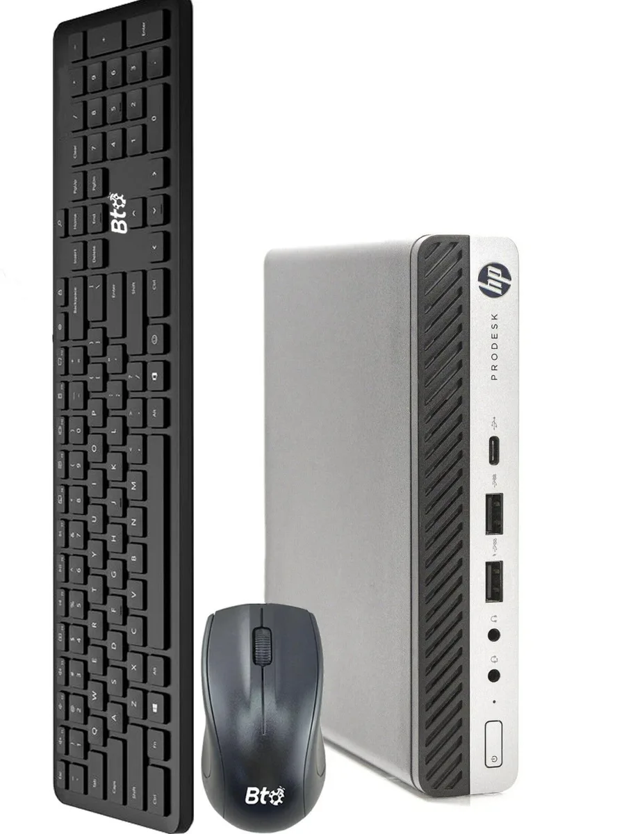 Small black square mini desktop PC with HP branding