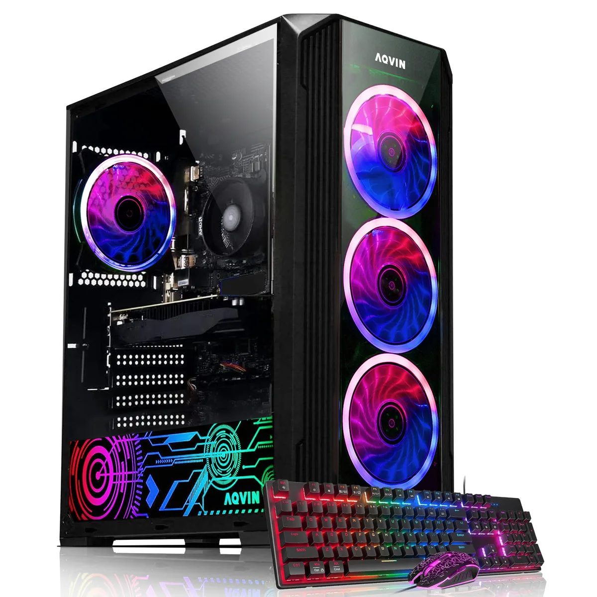 Black tower case with tempered glass side panel and RGB fan lighting, USB keyboard and mouse included