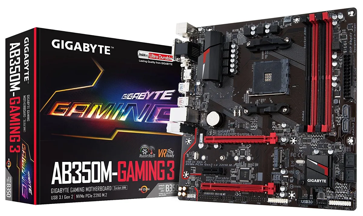Micro-ATX motherboard, black PCB with silver heatsinks and LED lighting