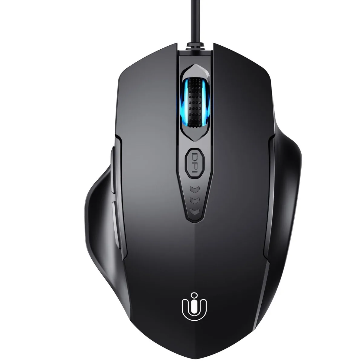 Black right-hand wired gaming mouse with 16 buttons and matte finish