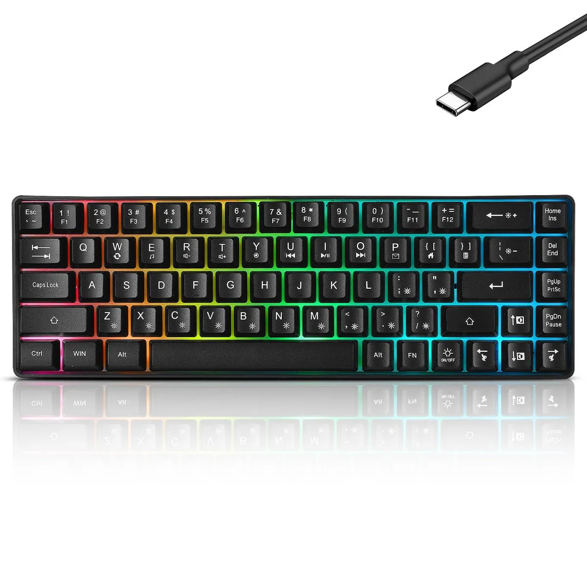 Compact black 60 percent wired keyboard with 68 keys and RGB backlighting