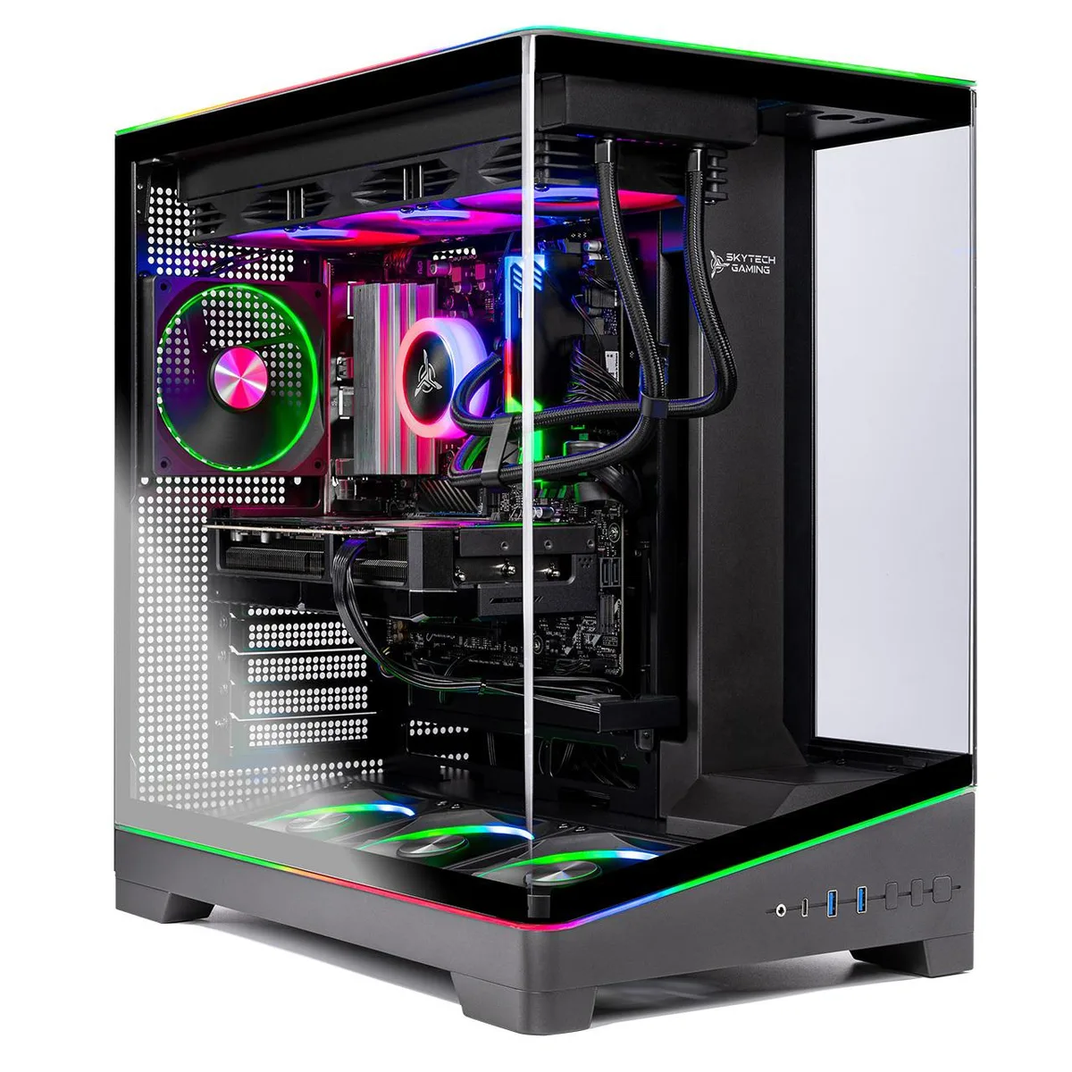 Black mid-tower gaming desktop with 360mm ARGB liquid cooler visible through tempered glass side panel