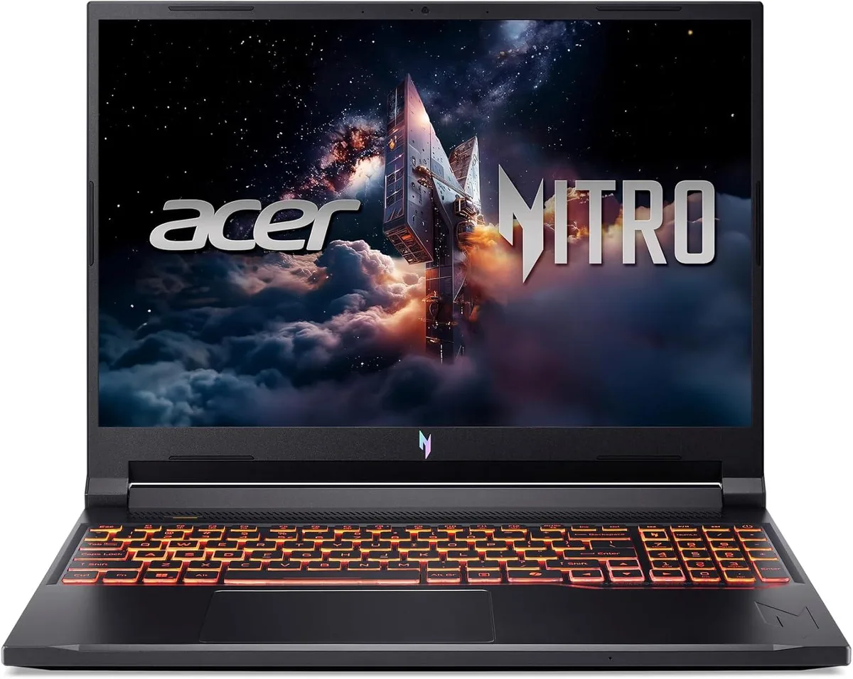 Black 16 inch gaming laptop with backlit keyboard and multiple ports