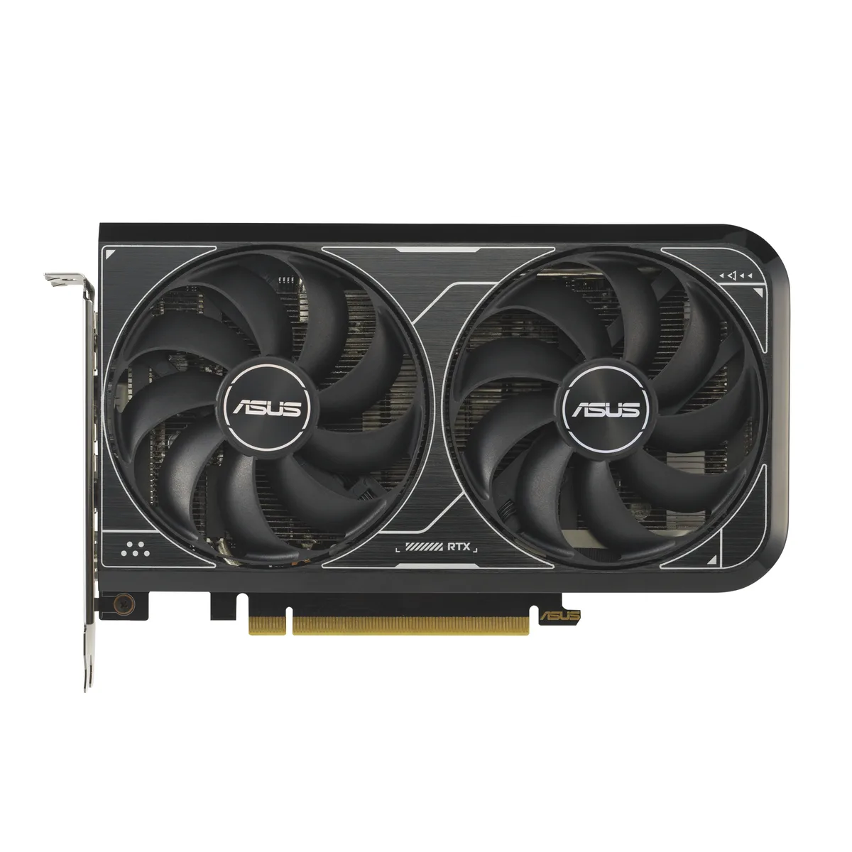 Dual-fan graphics card with silver shroud and black backplate