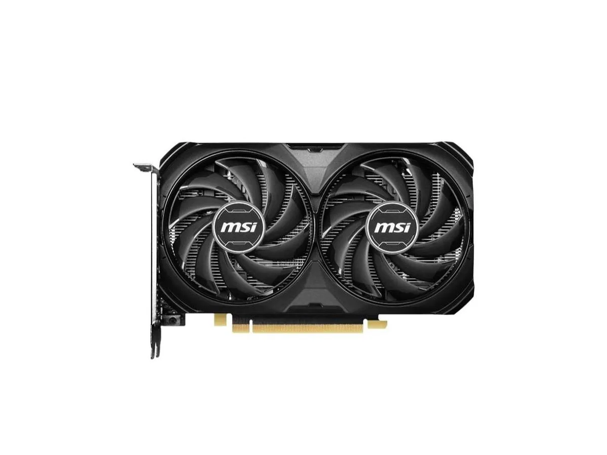 Black dual-fan graphics card with silver backplate, compact two-slot design