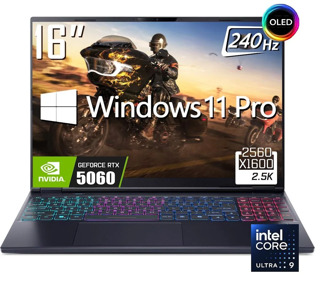 Black 16 inch OLED gaming laptop with 4 zone RGB keyboard