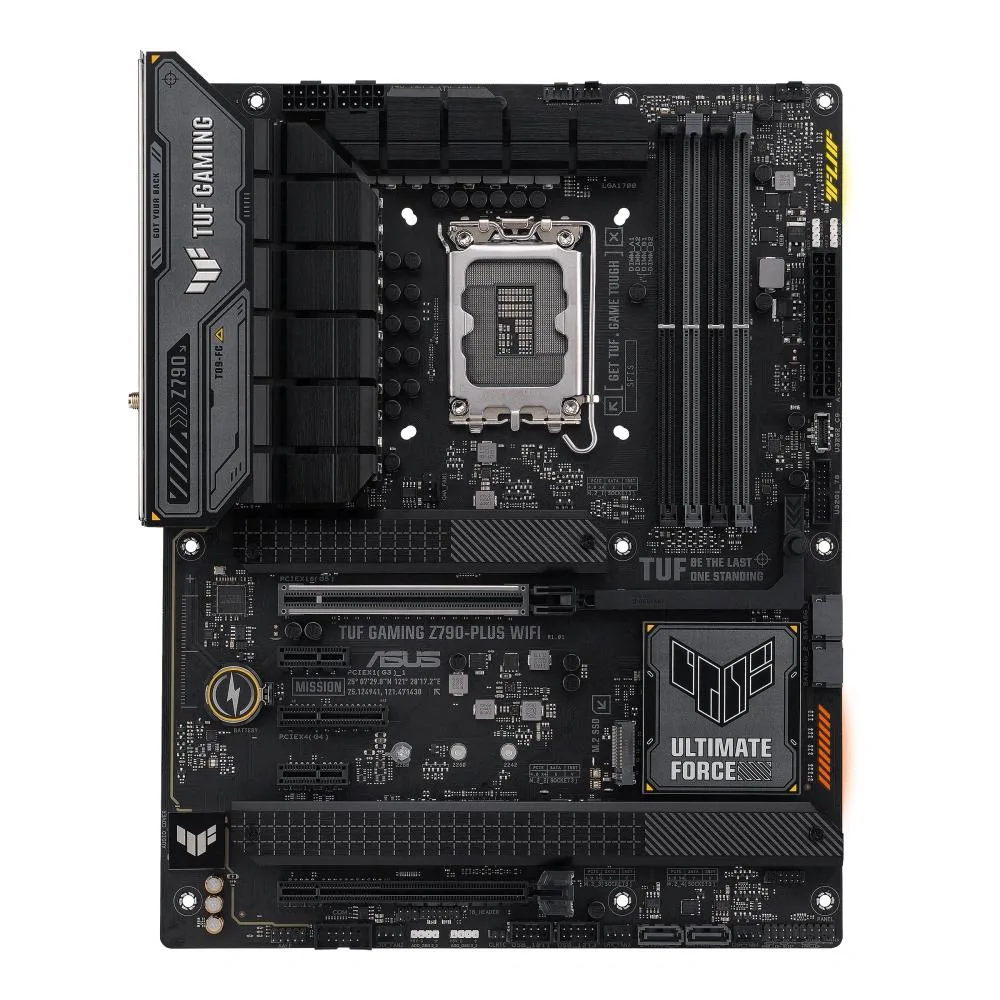 ATX motherboard with grey and yellow heatsinks and black PCB