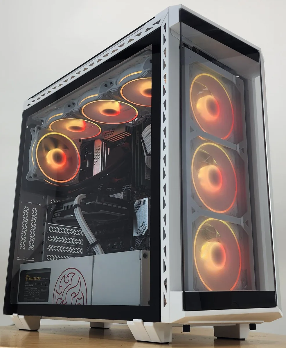 White mid-tower gaming PC with glass side panel