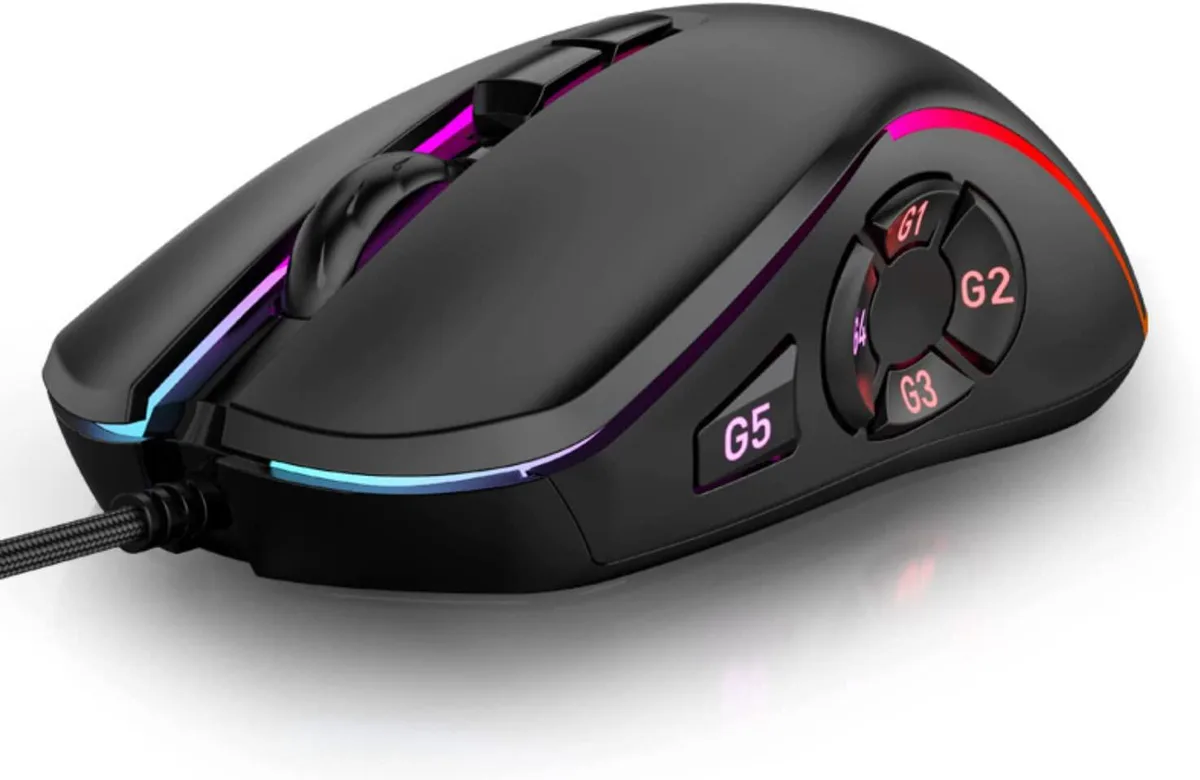 Black wired gaming mouse, ergonomic shape, 10 buttons, 14 RGB lighting modes