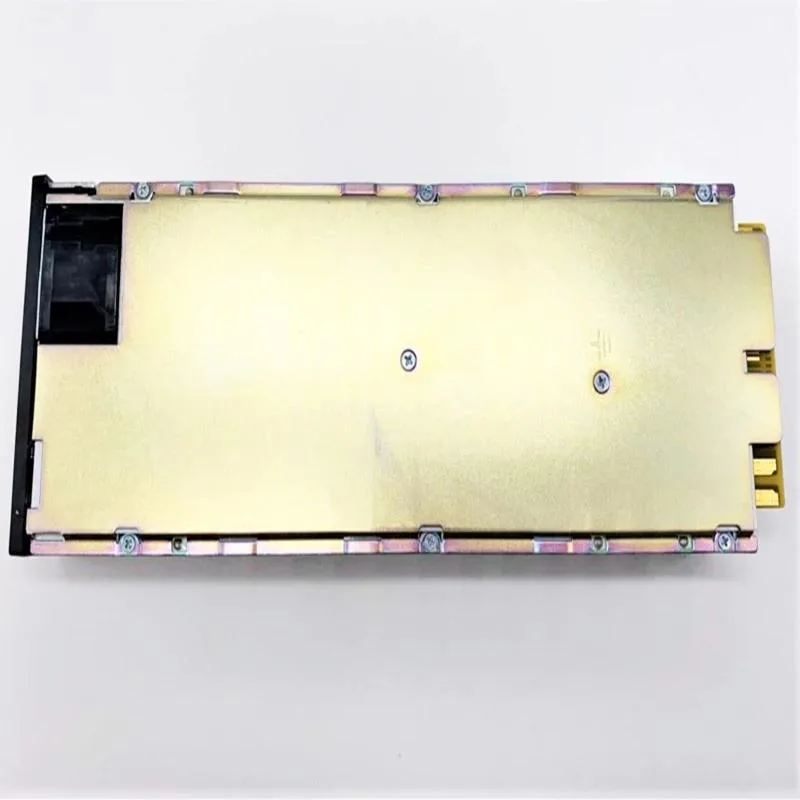 Silver 1U rack-mount power supply with front handle and rear fan grille