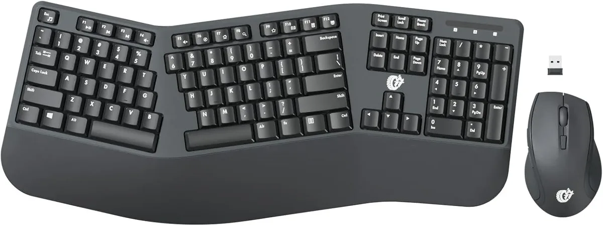 Black full-size wireless keyboard with wrist rest and matching mouse, 104 keys, 2.4 GHz receiver