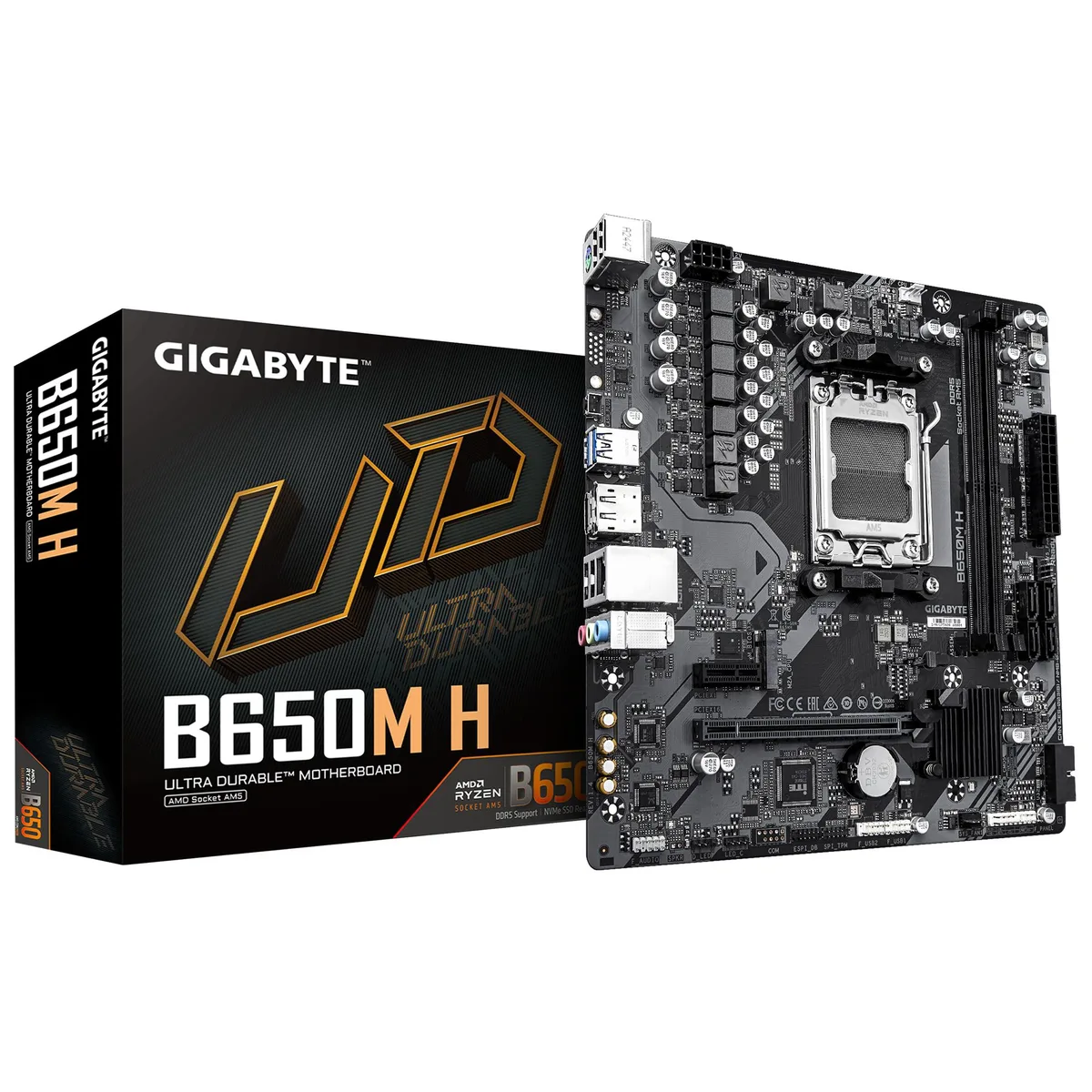 Green mATX motherboard with silver AM5 socket, two black DDR5 slots, single M.2 slot, PCIe x16 slot, rear DP and HDMI ports