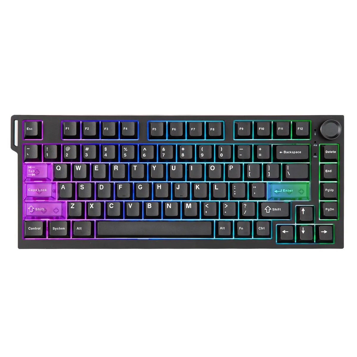 Black 75% mechanical keyboard with rotary knob and RGB backlighting