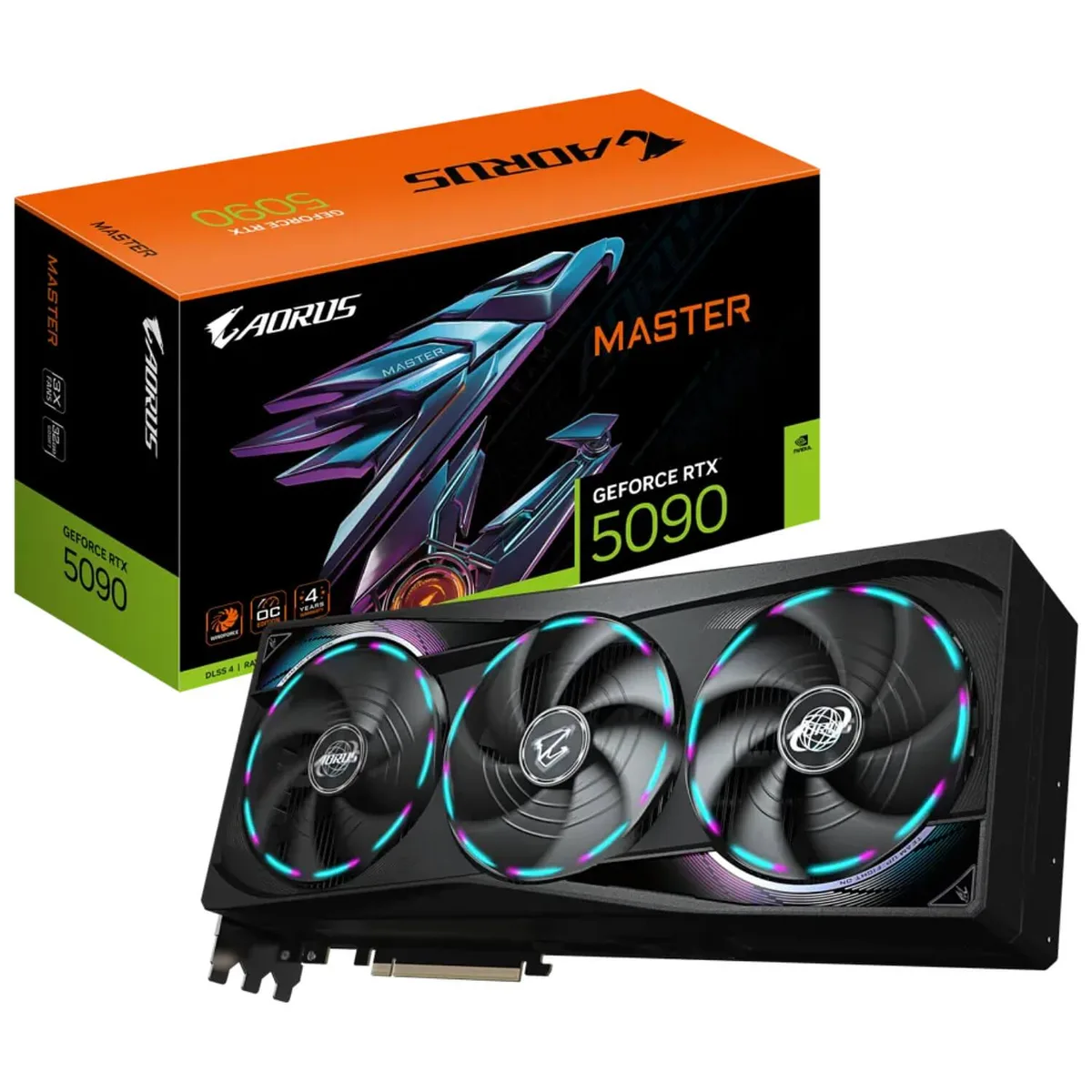 Large graphics card with triple fans, metallic silver shroud and visible heat pipes, 360 by 150 by 75 millimetres
