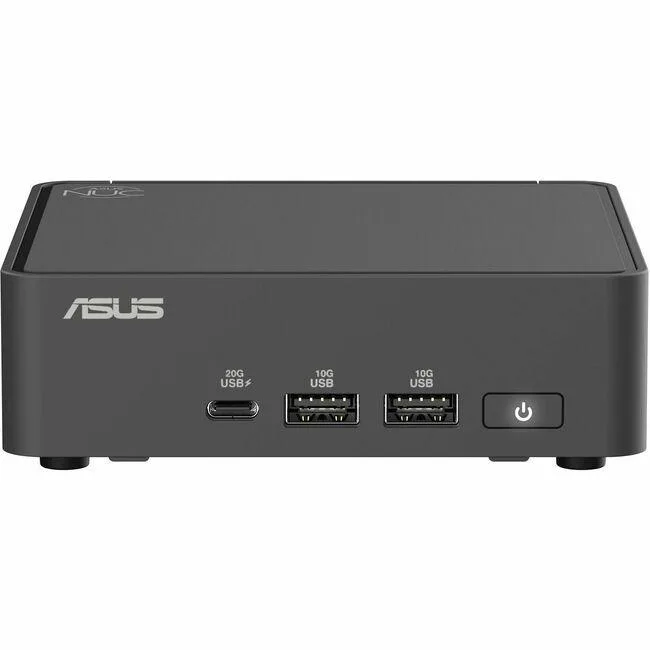 Small black square mini PC with VESA mount visible
