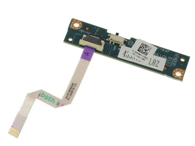 Small green circuit board with a volume button and ribbon cable attached