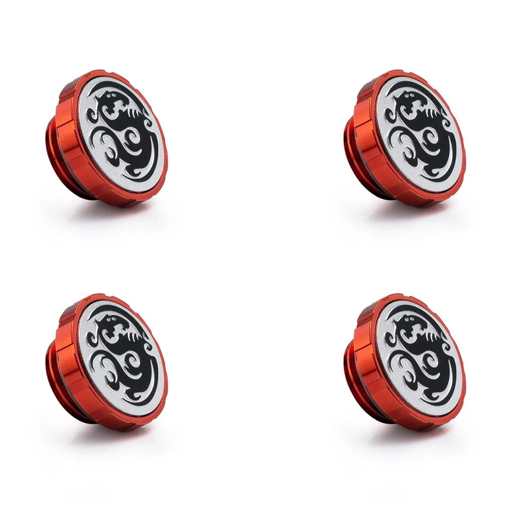 Four copper stop fittings in deep blood red with magnetic logo caps