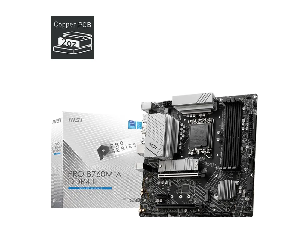 Dark grey rectangular mATX motherboard with black heatsinks, silver CPU socket, four black RAM slots, and silver PCIe slots