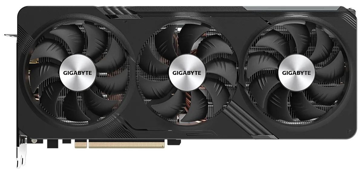 Black triple-fan graphics card with metal backplate, 2.7-slot ATX form factor