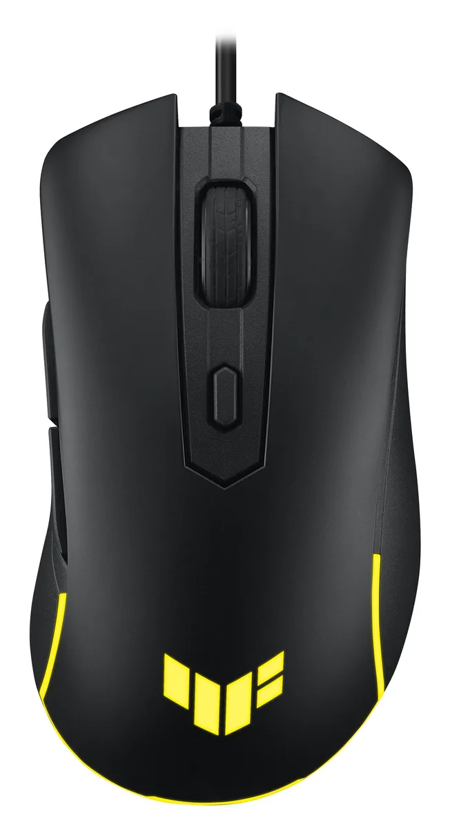 Black wired gaming mouse, right-handed ergonomic shape, matte finish, six buttons, USB cable attached