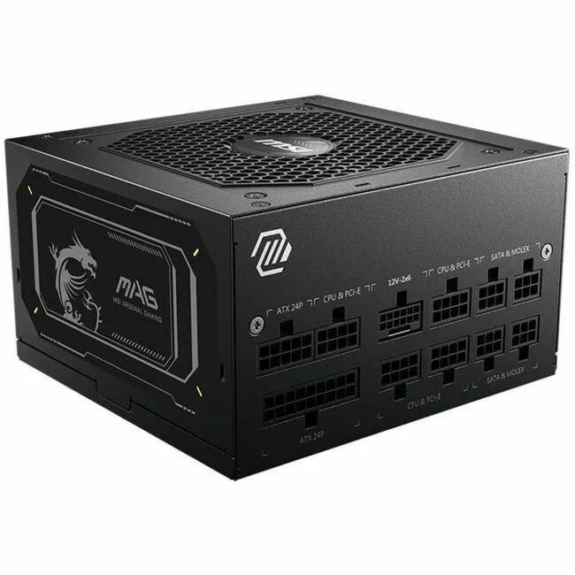 Black rectangular ATX power supply unit with single cooling fan and mesh grille