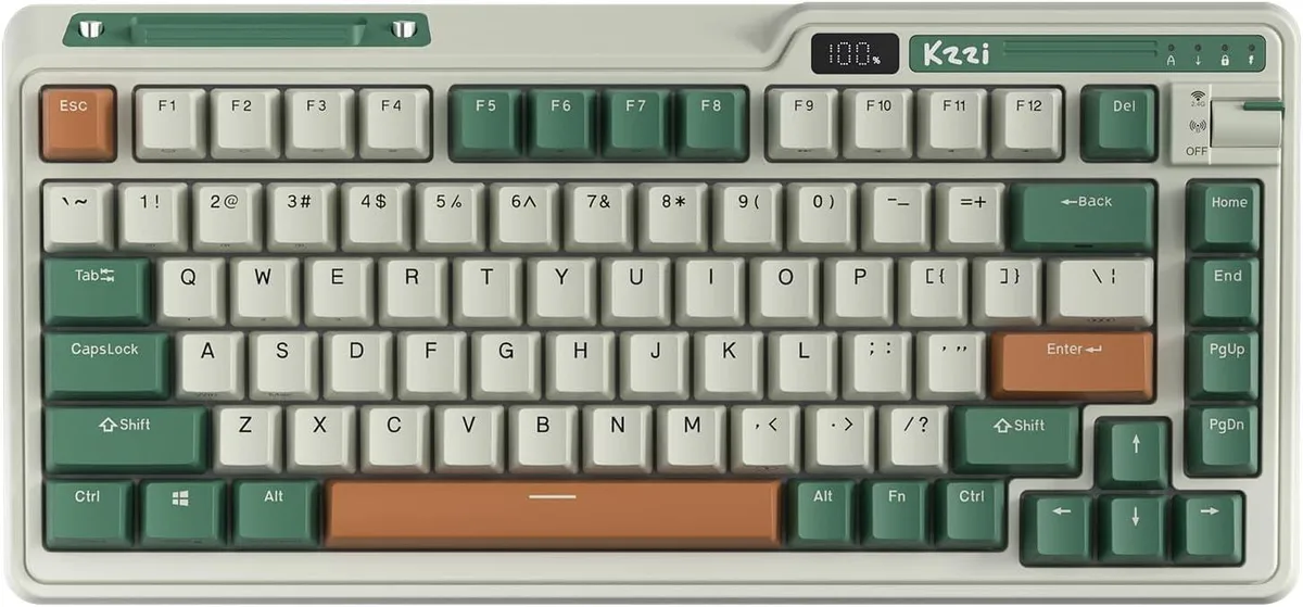 Compact 75% wireless mechanical keyboard with rotary knob and battery display