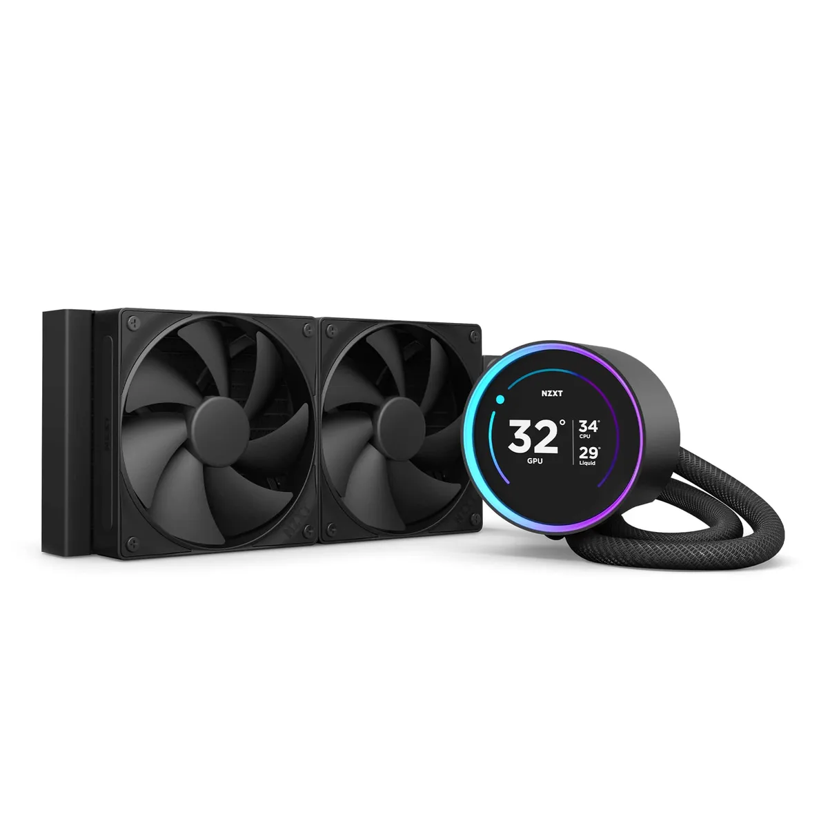 Black 240 mm AIO liquid cooler with 2.72 inch IPS LCD screen on pump block and two 120 mm RGB fans on radiator