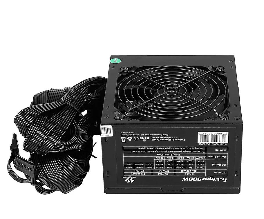 Black non-modular PSU with 120mm fan and flat ribbon cables