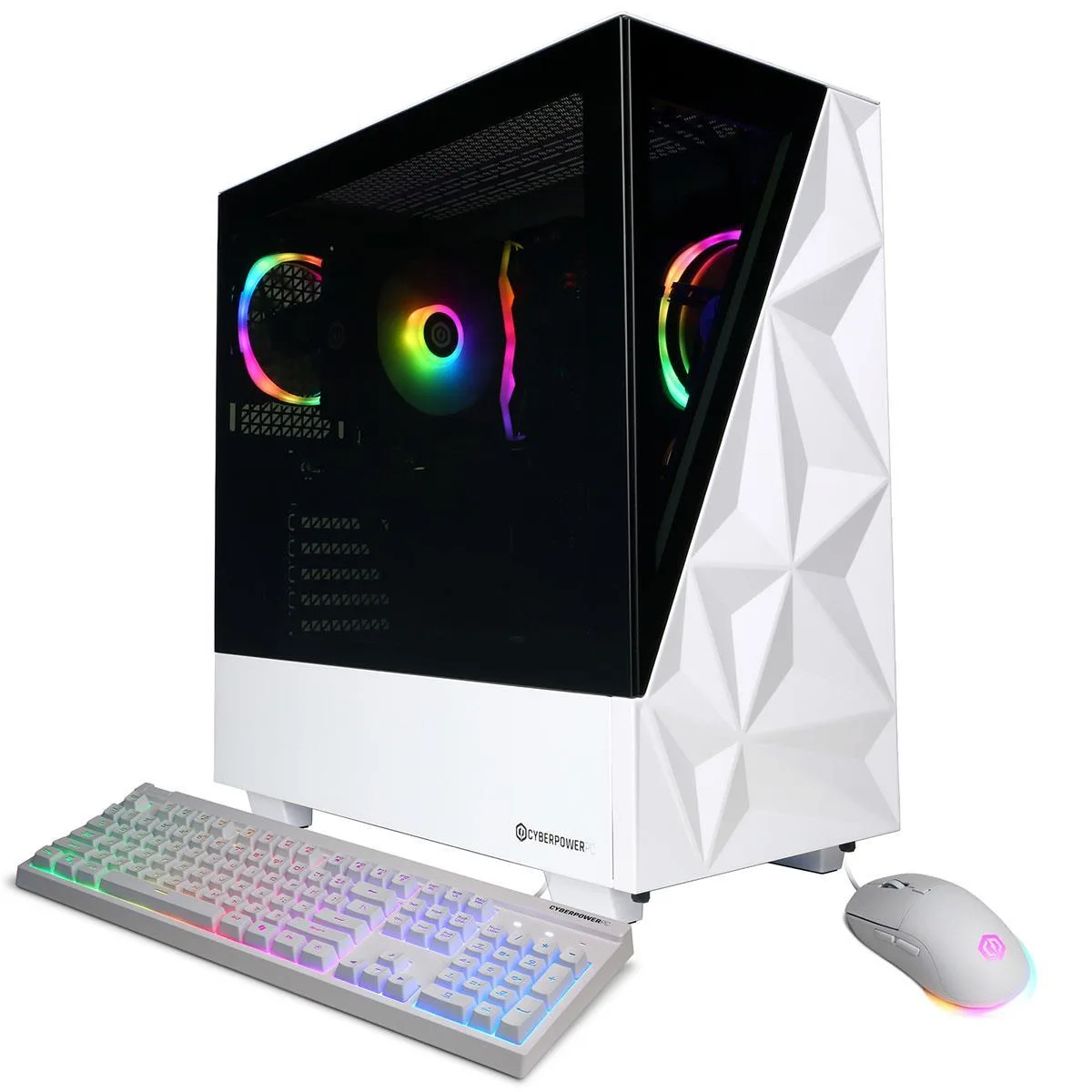 White mid-tower gaming desktop with glass side panel