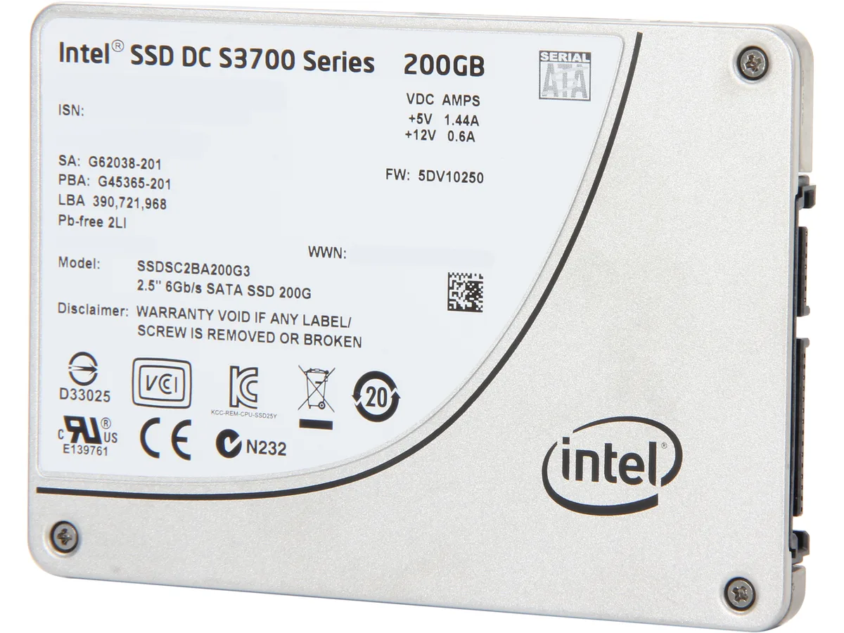 Silver 2.5 inch SATA SSD with Intel DC S3700 label