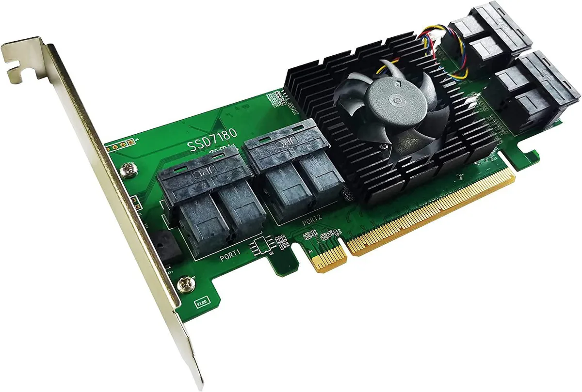 Green circuit board with eight SFF-8643 ports and a PCIe 3.0 x16 gold edge connector