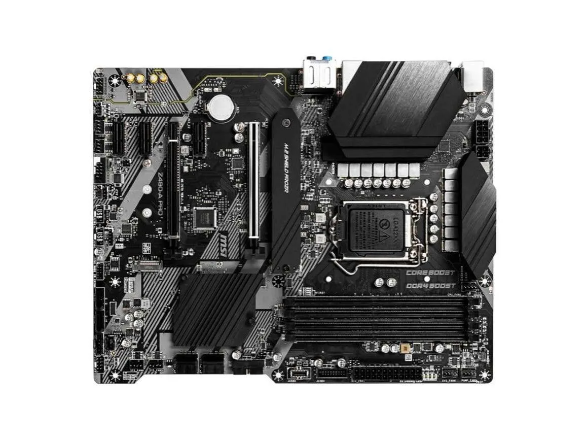 Rectangular ATX motherboard with black PCB and silver heatsinks, LGA 1200 socket, multiple expansion slots and rear I/O panel