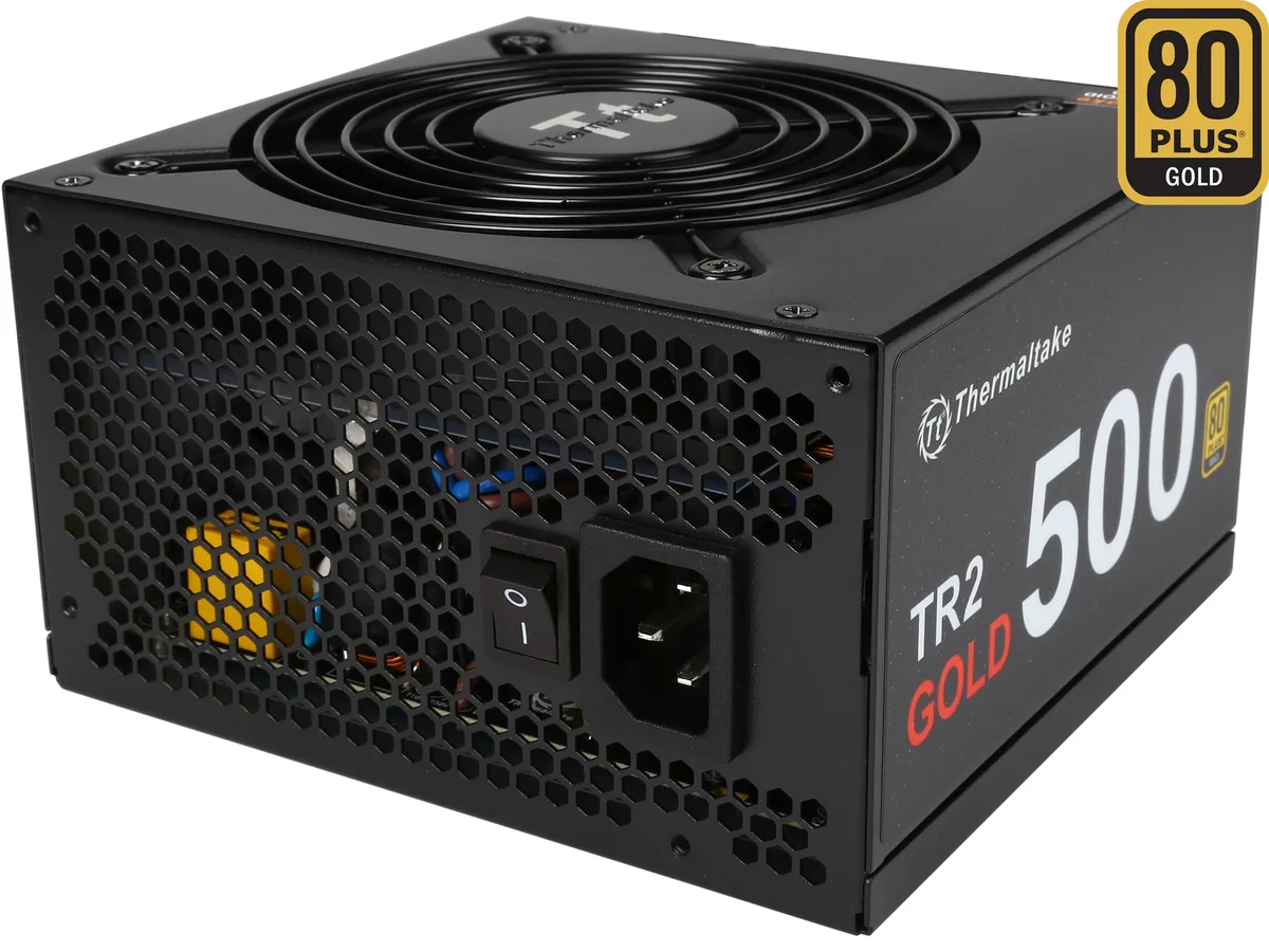 Black rectangular ATX power supply with 120mm fan and sleeved cables