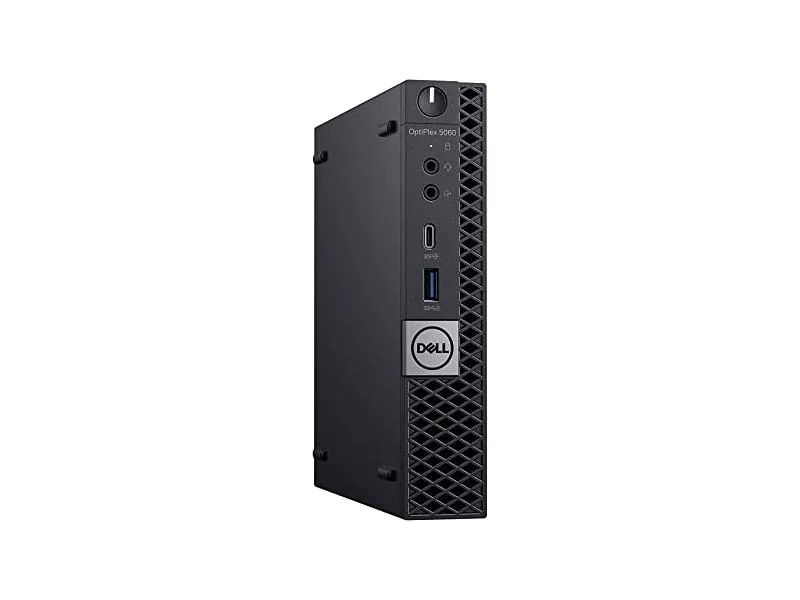Compact black desktop tower standing upright with front USB ports and power button